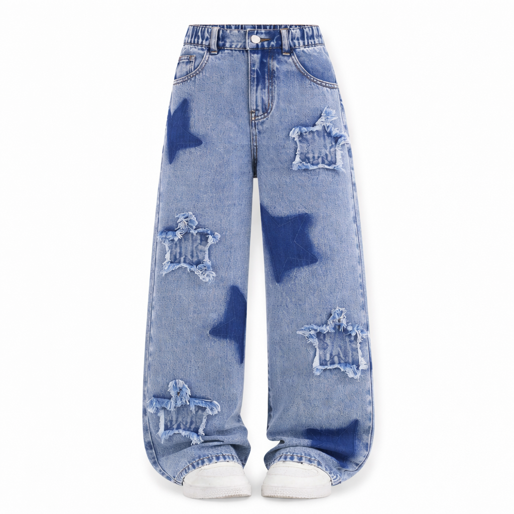 Star Patch Distressed Wide-Leg Denim Jeans