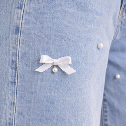 Lace Trim Bow Detail Wide-Leg Jeans