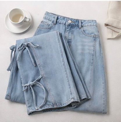 Side Tie Detail Wide-Leg Denim Jeans