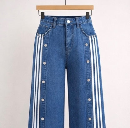 Striped Snap Button Wide-Leg Denim Jeans