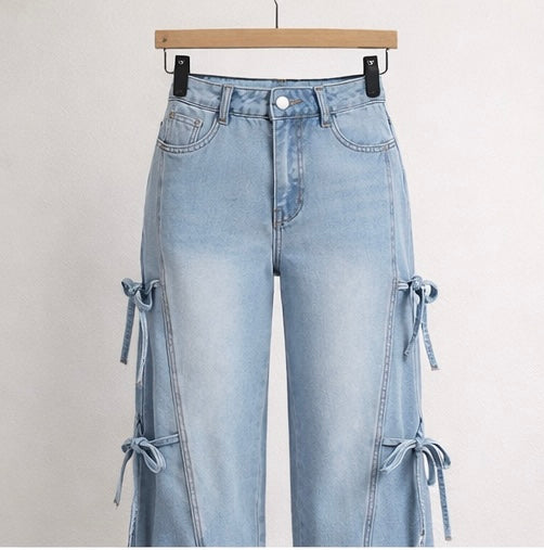 Side Tie Detail Wide-Leg Denim Jeans
