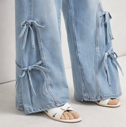 Side Tie Detail Wide-Leg Denim Jeans