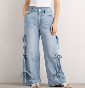 Side Tie Detail Wide-Leg Denim Jeans