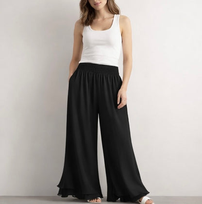 Layered Hem Flow Wide-Leg Trousers