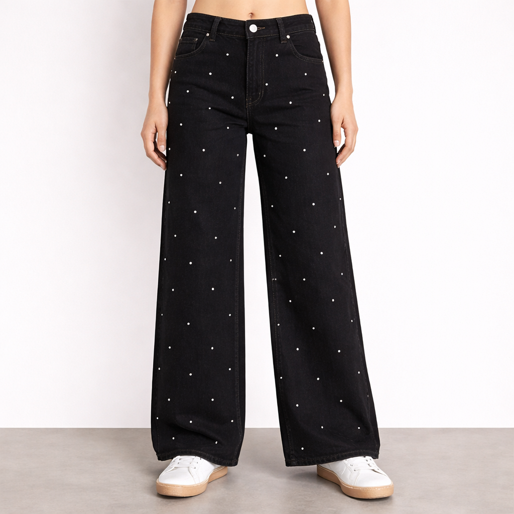 Studded Dot Wide-Leg Denim Jeans