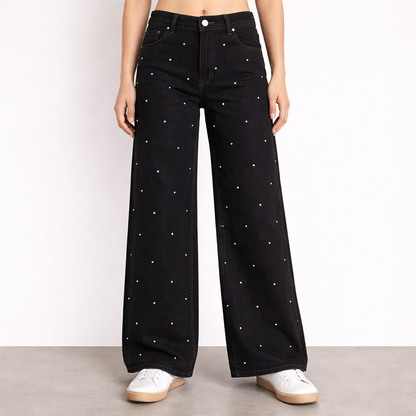 Studded Dot Wide-Leg Denim Jeans