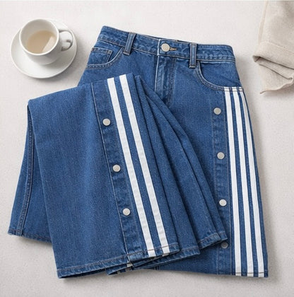 Striped Snap Button Wide-Leg Denim Jeans
