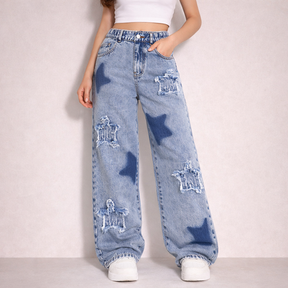 Star Patch Distressed Wide-Leg Denim Jeans