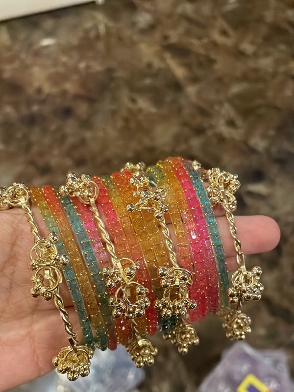 Premium Crystal Churiyan Set with Gold Ghungroo Charms