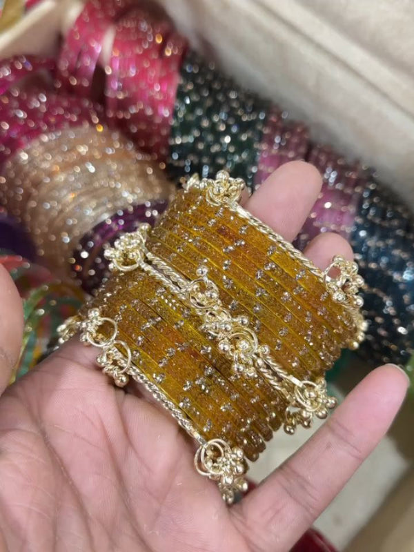 Premium Glitter Crystal Churiyan Set with Gold Ghungroo Charms