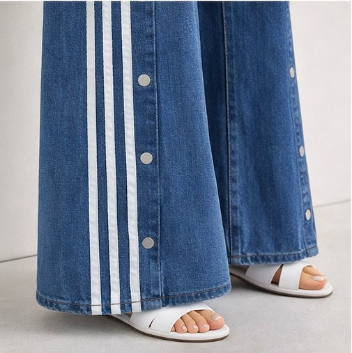 Striped Snap Button Wide-Leg Denim Jeans