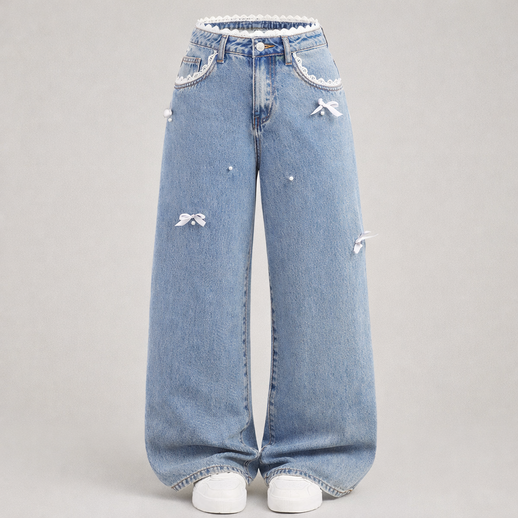 Lace Trim Bow Detail Wide-Leg Jeans