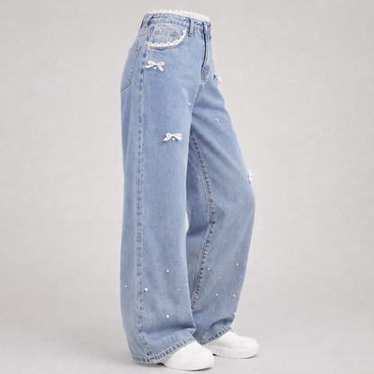 Lace Trim Bow Detail Wide-Leg Jeans