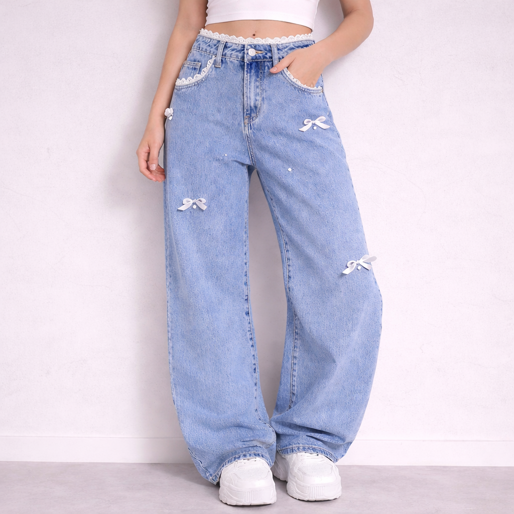 Lace Trim Bow Detail Wide-Leg Jeans