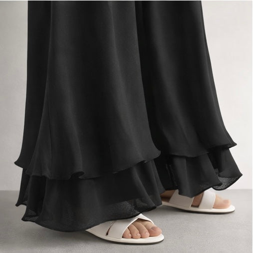 Layered Hem Flow Wide-Leg Trousers