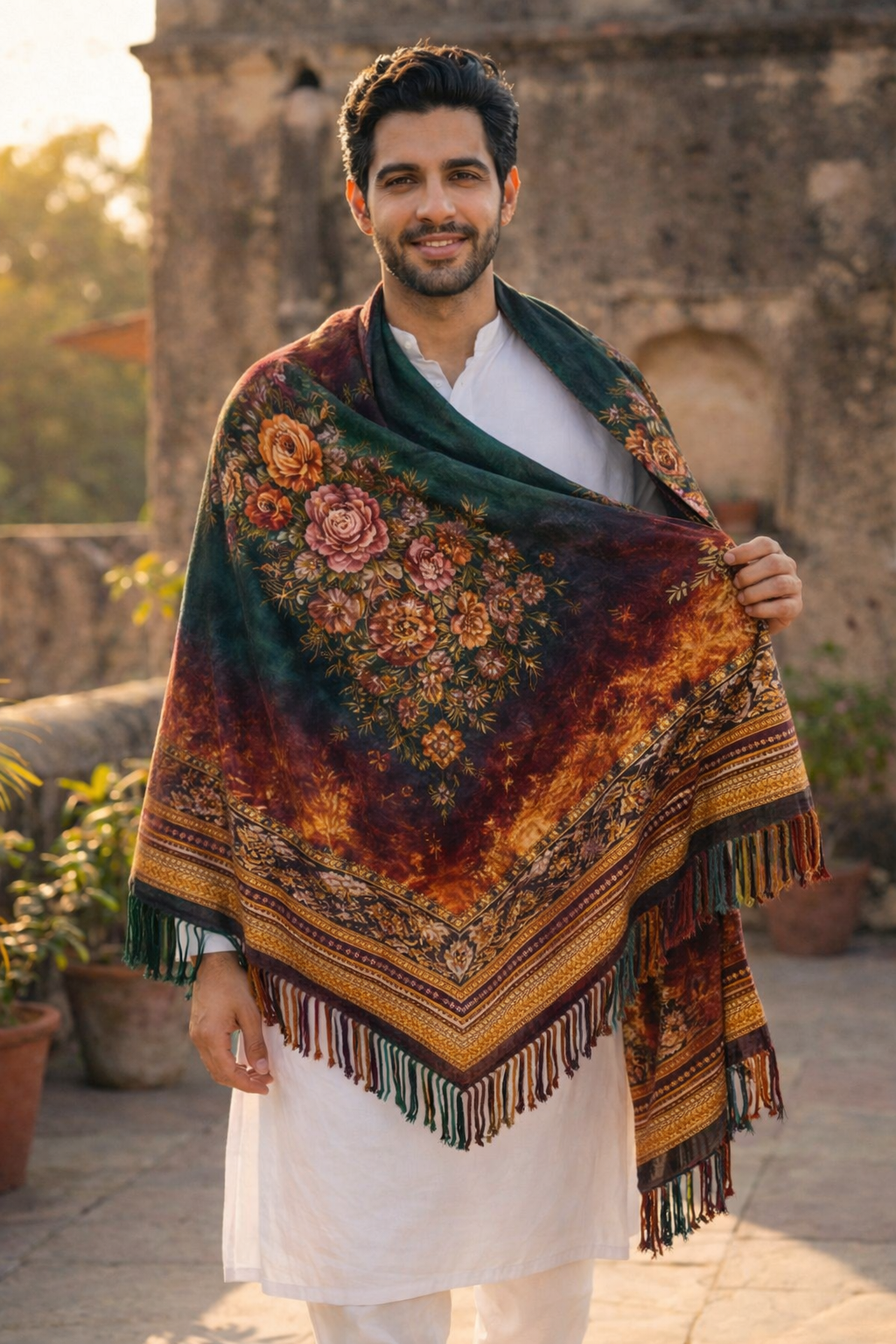 Emerald Ember Unisex Floral Shawl