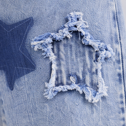 Star Patch Distressed Wide-Leg Denim Jeans