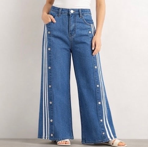 Striped Snap Button Wide-Leg Denim Jeans