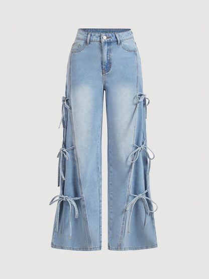 Side Tie Detail Wide-Leg Denim Jeans