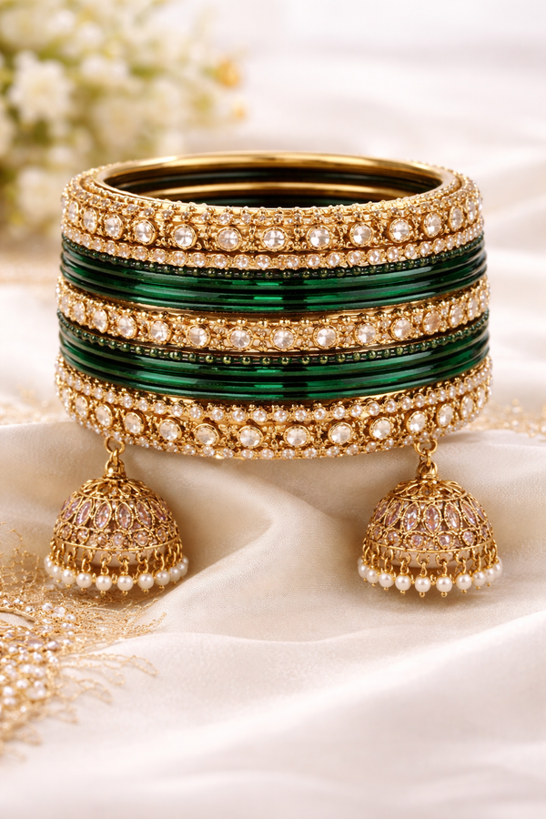 Emerald Green & Gold Festive Churiyan Set with Jhumka Charms