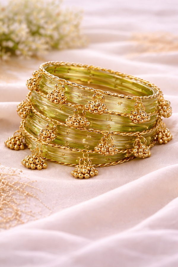 Pastel Green Crystal Churiyan Set with Gold Ghungroo Charms
