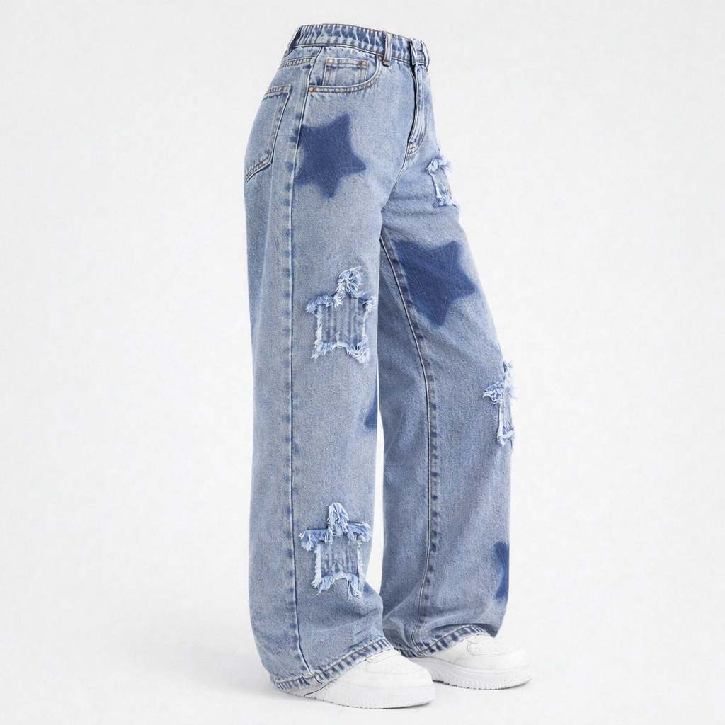 Star Patch Distressed Wide-Leg Denim Jeans