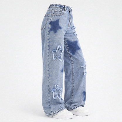 Star Patch Distressed Wide-Leg Denim Jeans