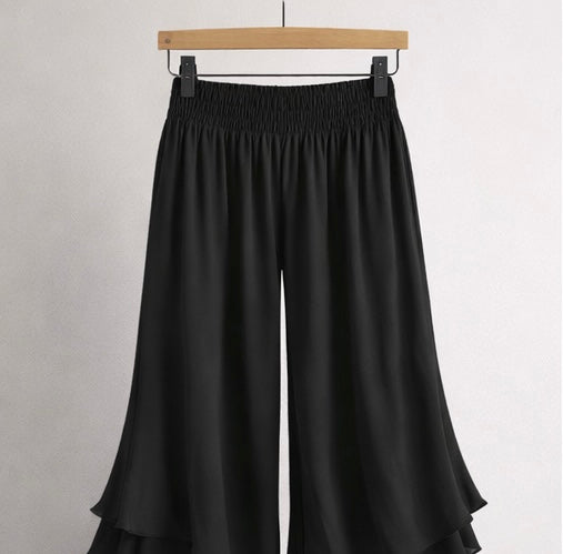 Layered Hem Flow Wide-Leg Trousers