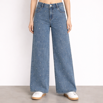 Studded Dot Wide-Leg Denim Jeans
