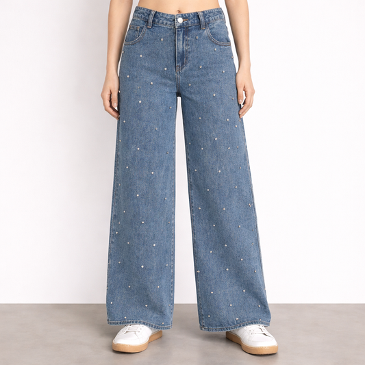 Studded Dot Wide-Leg Denim Jeans