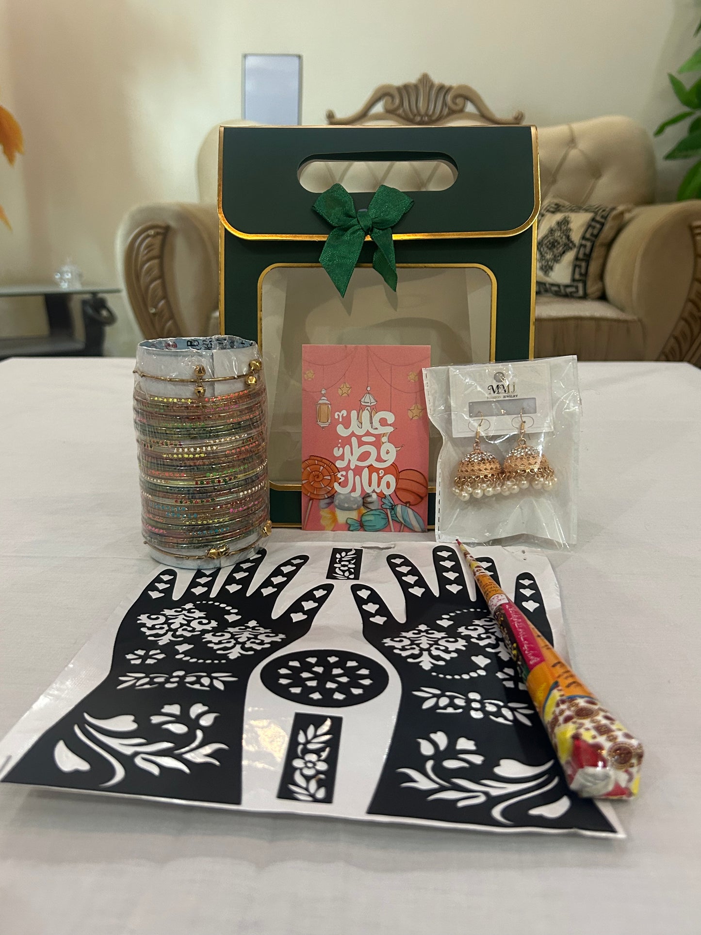 Eid Special Gift Box with Kashmiri Churiyan, Jhumka Earrings & Mehndi Kit