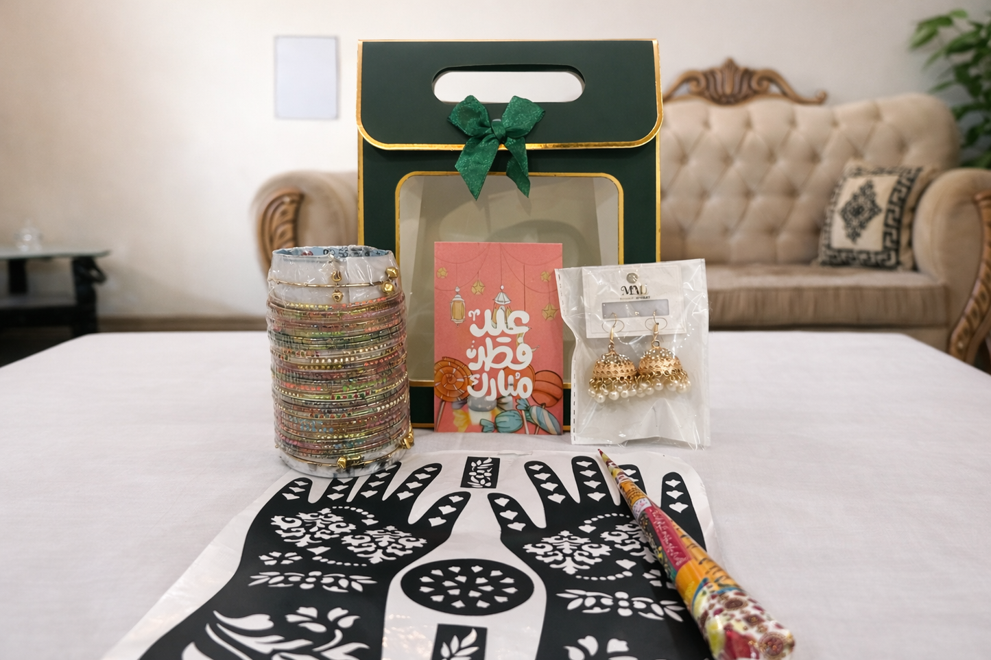 Eid Special Gift Box with Kashmiri Churiyan, Jhumka Earrings & Mehndi Kit