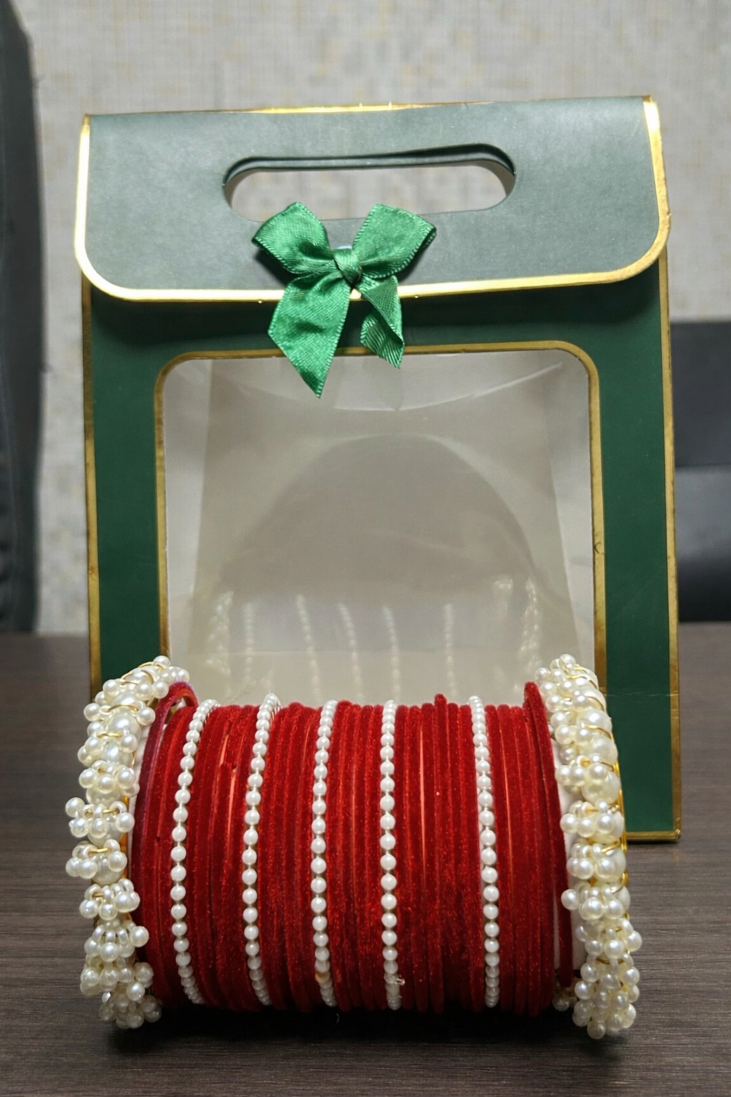 Kalakar Premium Churiyan Set with Pearl Bangles – Red, Golden & White Bridal/Eid Collection