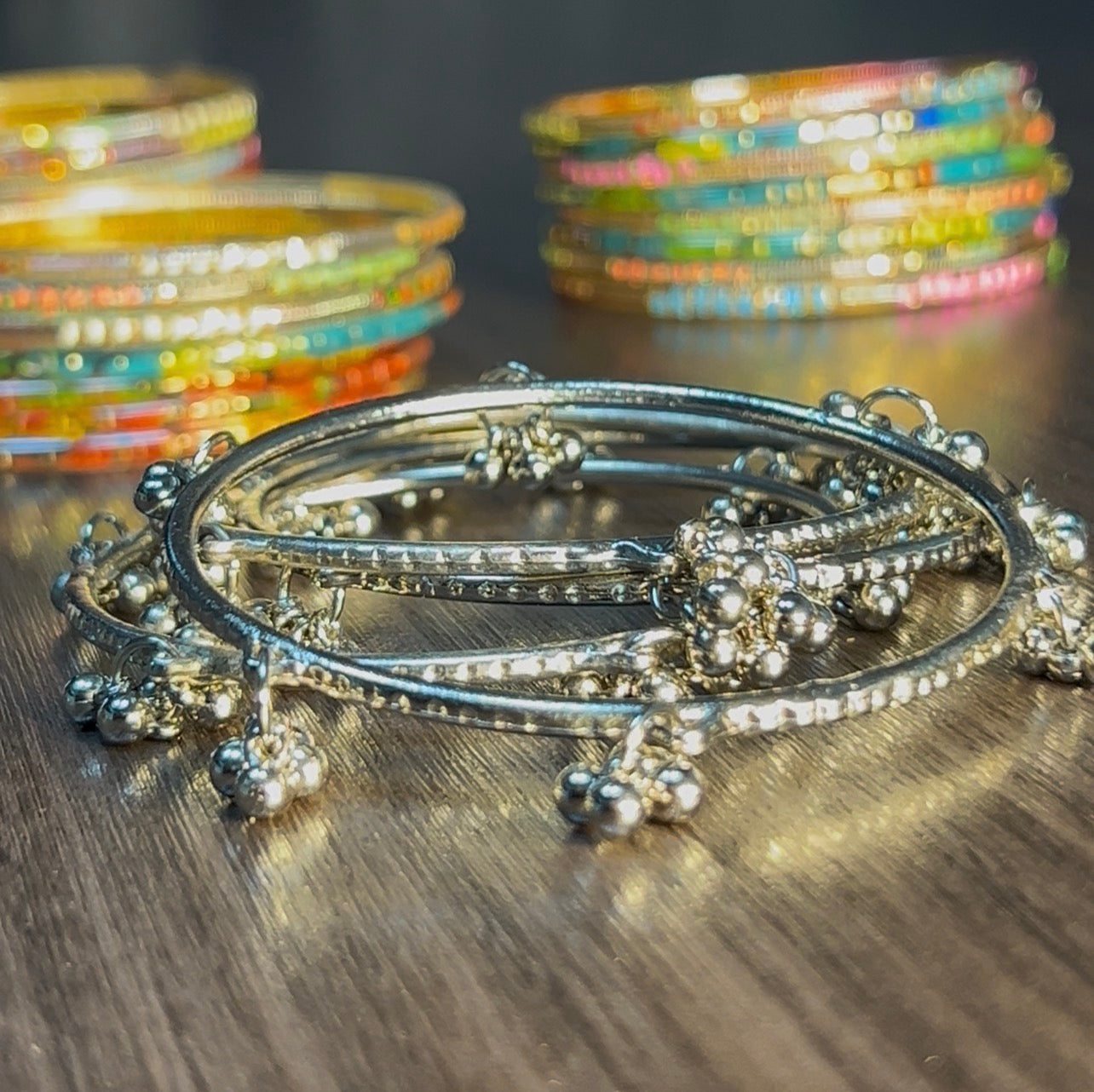 Eid Special Kashmiri Bangles Set (Silver) – 4 Kashmiri Bangles with 12 Colorful Churiyan