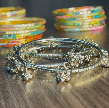 Eid Special Kashmiri Bangles Set (Silver) – 4 Kashmiri Bangles with 12 Colorful Churiyan