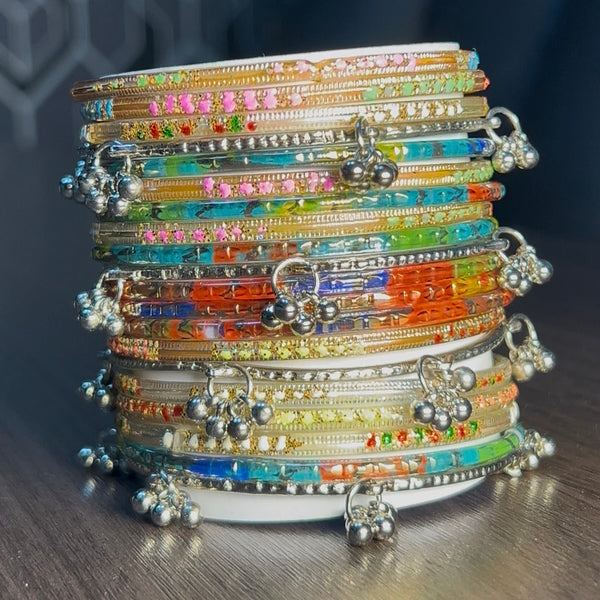 Eid Special Kashmiri Bangles Set (Silver) – 4 Kashmiri Bangles with 12 Colorful Churiyan