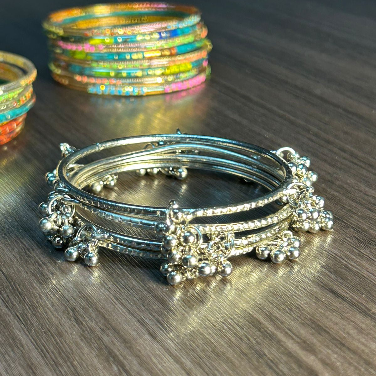 Eid Special Kashmiri Bangles Set (Silver) – 4 Kashmiri Bangles with 12 Colorful Churiyan